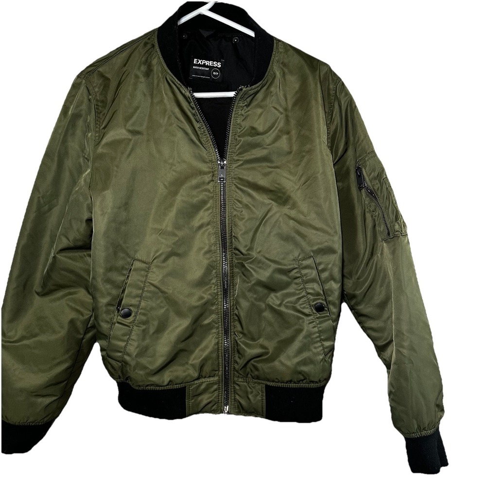 Express Army Green Bomber Style Zip-Up Jacket‎ Women's XSMALL Gold Accents